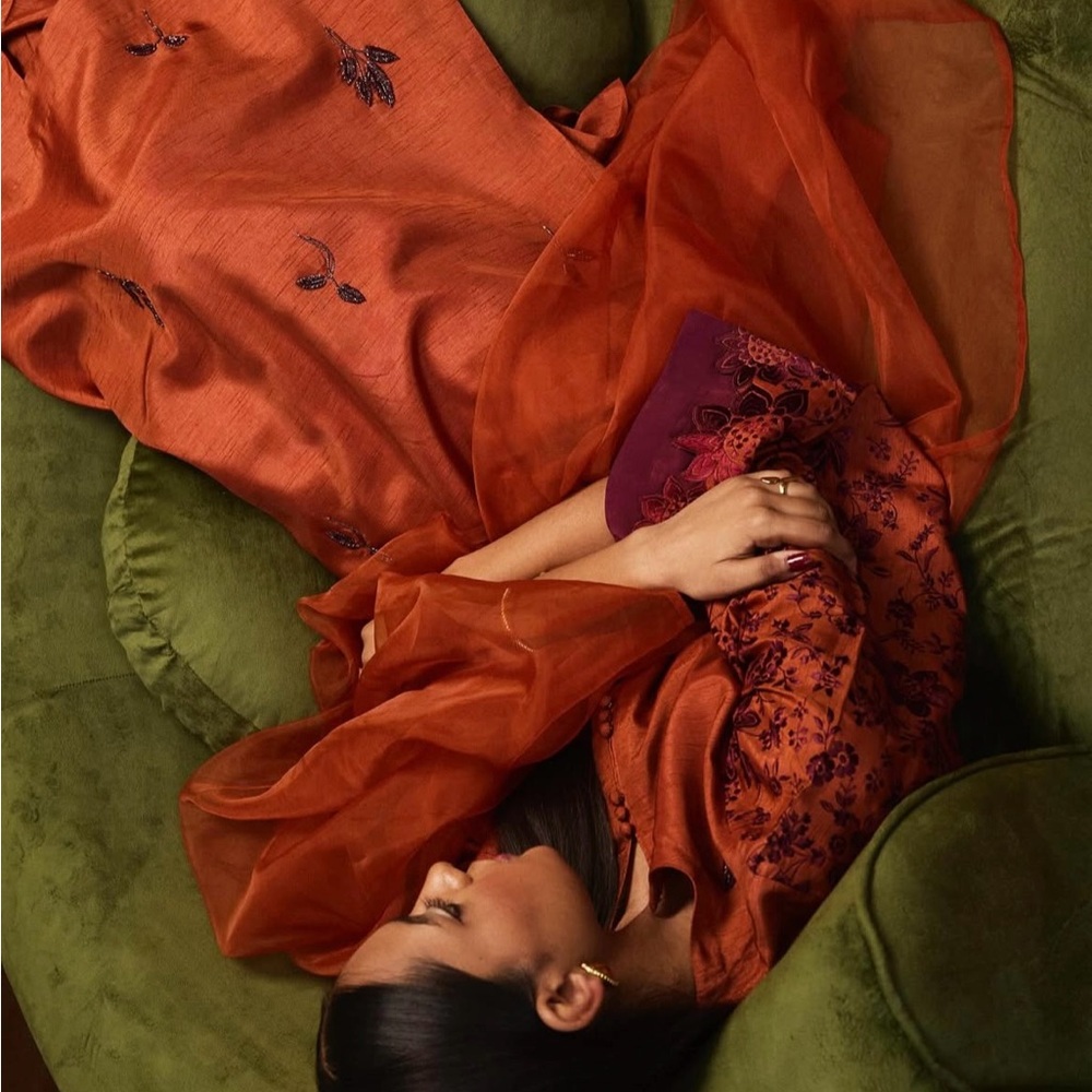 Elegant Orange and Purple Embroidered Dress wrapped in sophistication